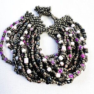 Seed Bead Vintage Bracelet Gunmetal Tone & Lilac Purple 12 Beaded Strands